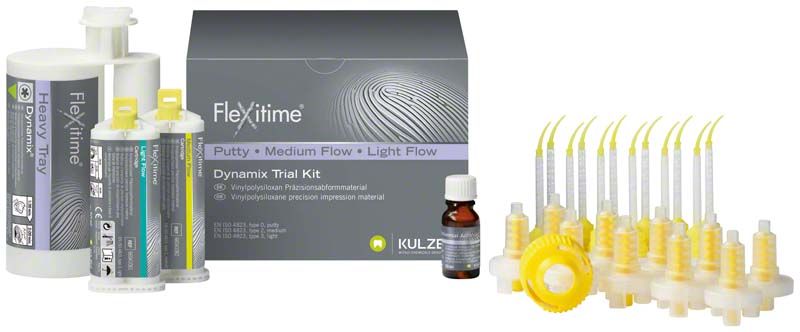 Flexitime Dynamix Trial Kit mit Materialien für Abformung und Zubehör.