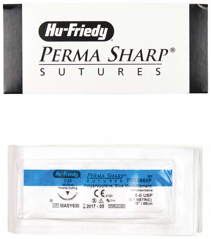 Perma Sharp Nahtmaterial Polypropylen in Originalverpackung mit Nadel-Faden-Kombination.