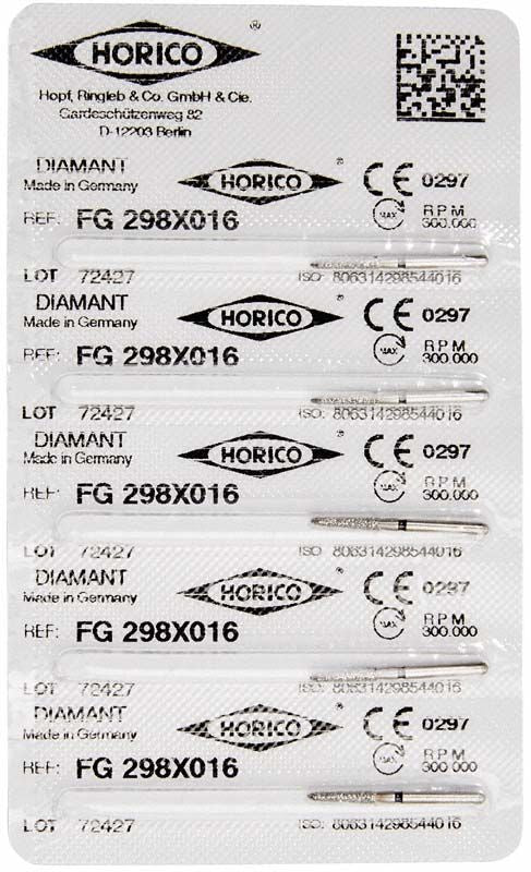 Blisterpackung mit Diamant FG 298X 016 Dentalinstrumenten, Made in Germany.