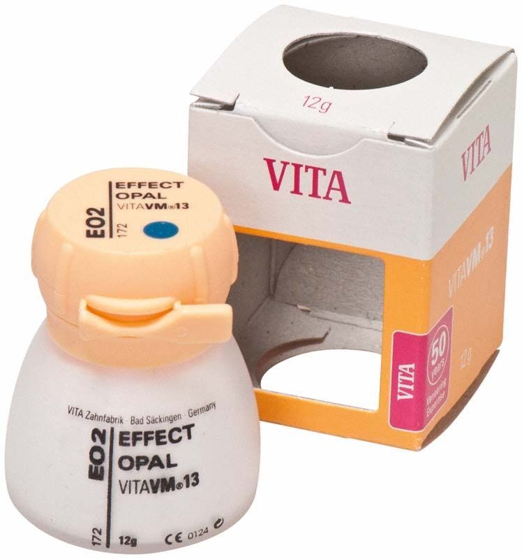 Kunststoffflasche mit Vita VM13 Effect Opal EO2 Pulver und Verpackung.
