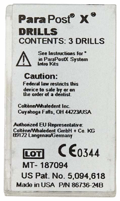 Verpackung des ParaPost X System Bohrer mit Produkthinweisen und CE-Kennzeichnung.