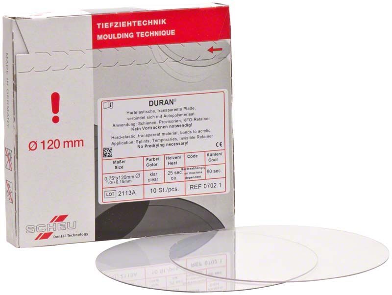 Hartelastische transparente Duran Tiefziehfolie in Verpackung für den dentalen Bereich.