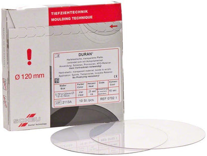 Hartelastische transparente Duran Tiefziehfolie in Verpackung für den dentalen Bereich.