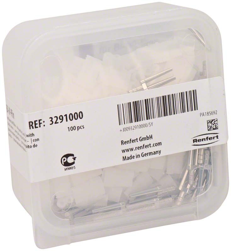 Bi-V-Pins mit Kunststoffhülse in transparenter Verpackung, 100 Stück.
