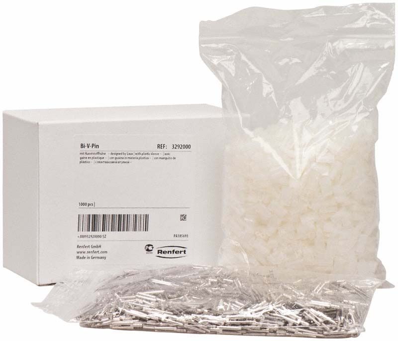 Bi-V-Pins mit Kunststoffhülse und Verpackung für dentale Anwendungen.