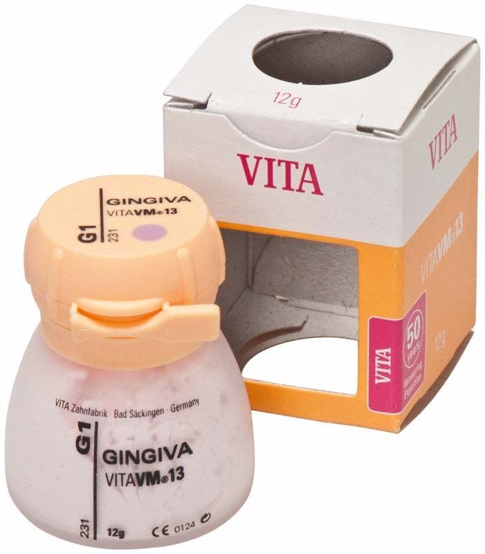 Gingiva-Farbpulver VM13 G1 in Kunststoffdose mit Verpackung.