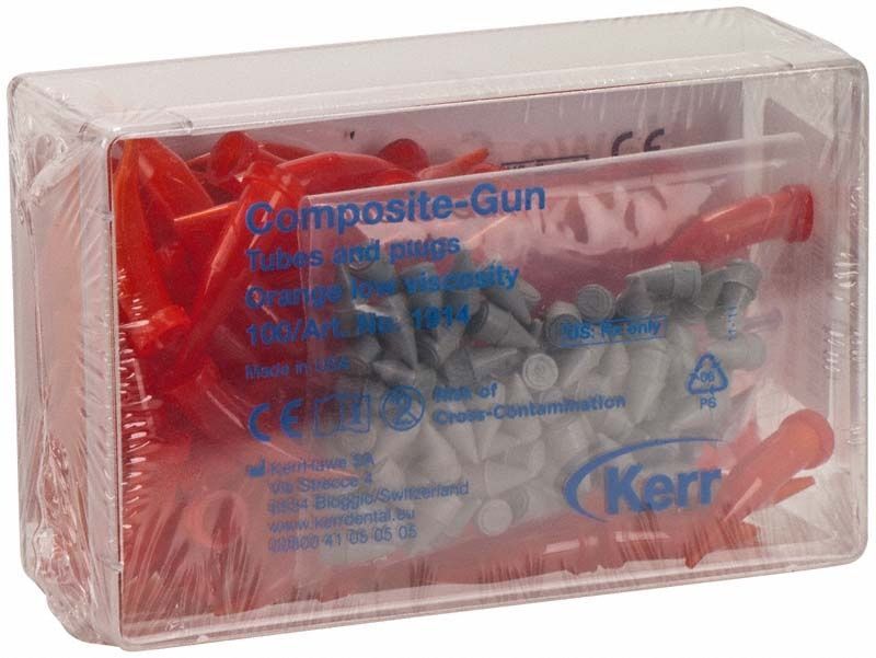 Verpackung von Composite-Gun Spitzen und Kolben in orange und grau.