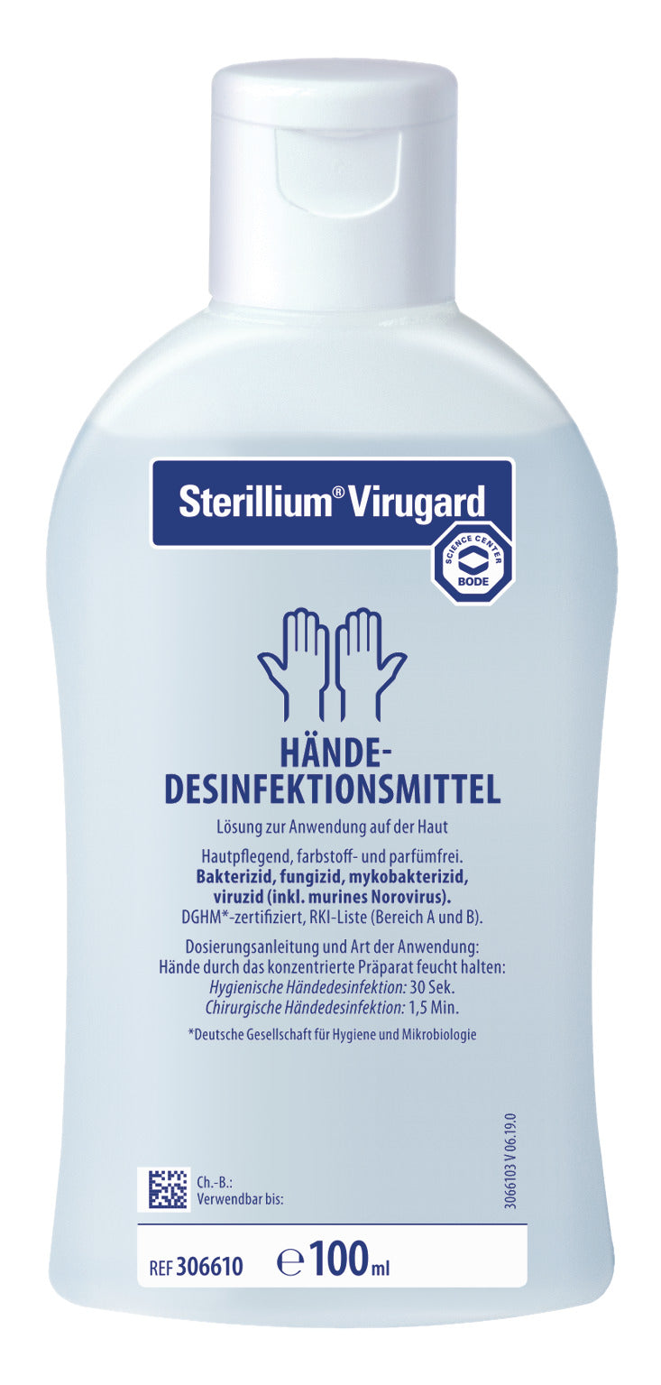 Sterillium Virugard Händedesinfektionsmittel 100 ml Flasche mit blauer Kappe.