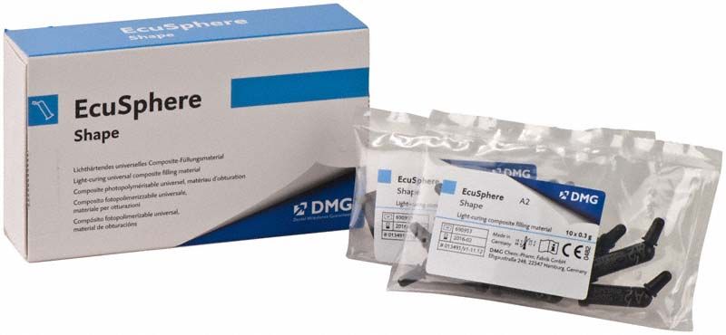 EcuSphere Shape Kapseln A2 Verpackung und einzelne Kapseln für Zahnrestauration.