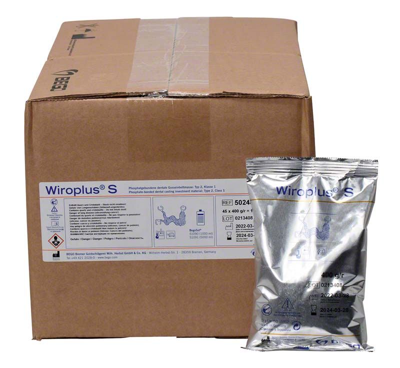 Wiroplus® S 45 x 400g Einbettmasse in silberner Verpackung neben Versandkarton.