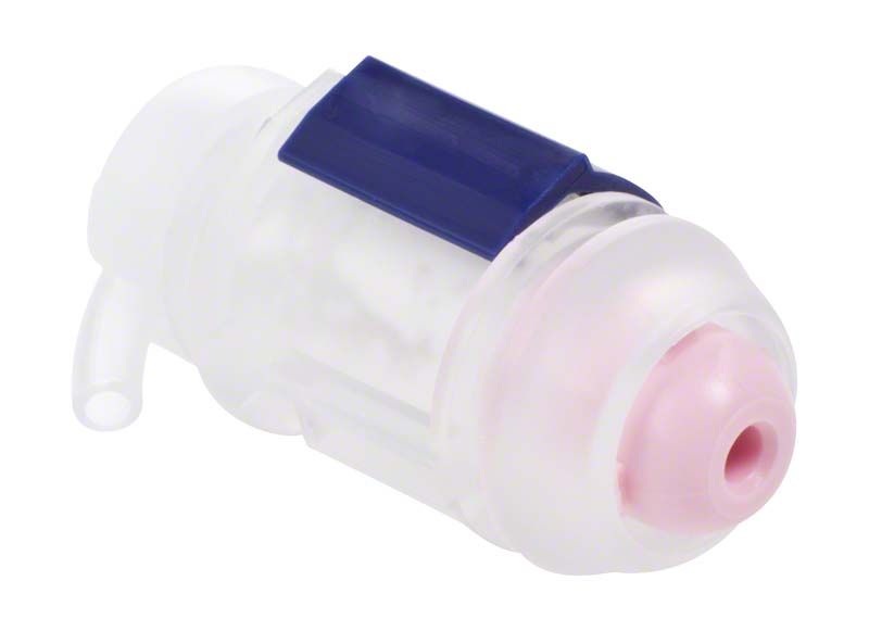 Transparente Ketac Molar Aplicap Kapsel mit rosa Spitze und blauem Verschluss.