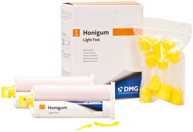 Honigum Automix light fast Kartuschen mit gelben Mischkanülen und Verpackung.