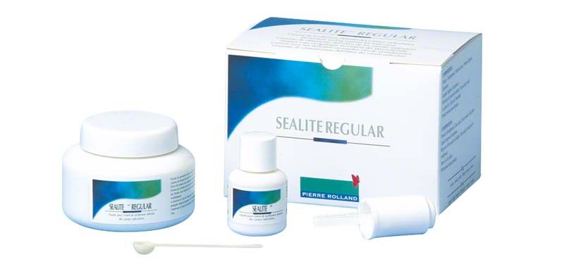 SEALITE™ REGULAR KIT mit 25g Puder und 10ml Flüssigkeit, Verpackung und Zubehör.