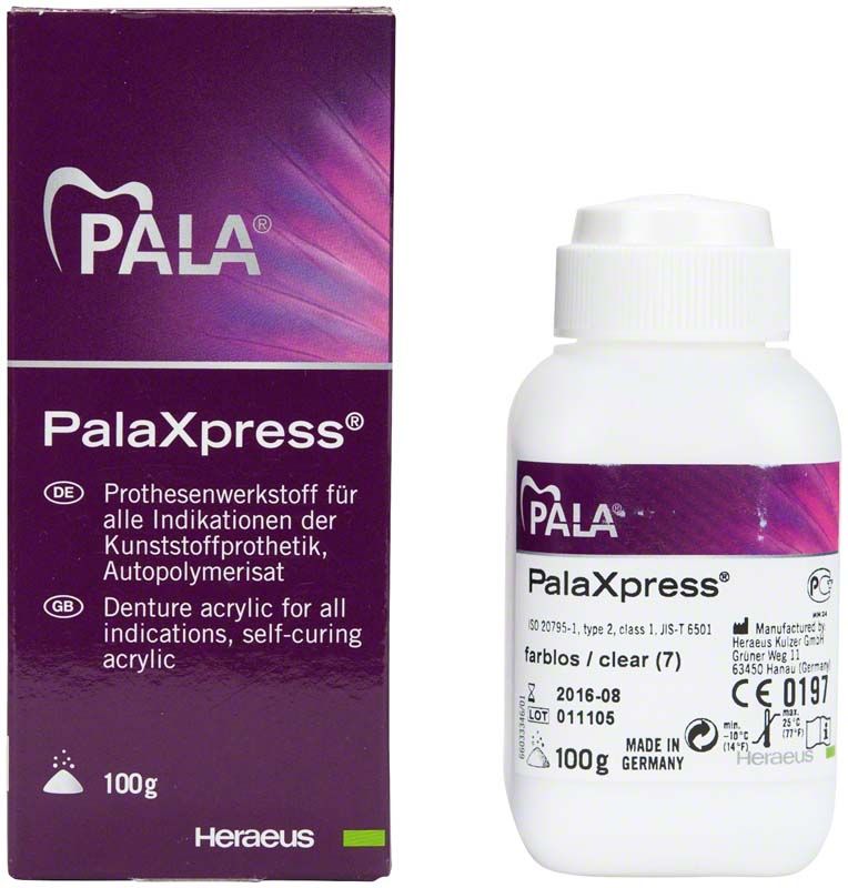 PalaXpress® Pulver 100g, farblos, im Originalbehälter mit Verpackung.