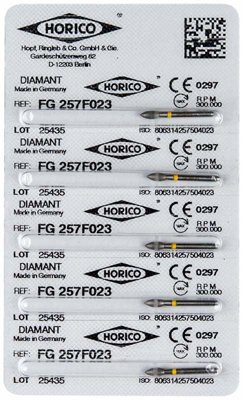 Verpackung von Diamant FG 257F 023 Zahnschleifern mit Farbcodierung.