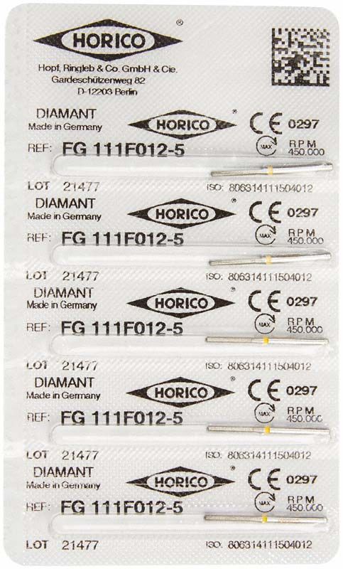 Blisterpackung mit fünf Diamant-Instrumenten, Modell FG 111F 012, von Horico.