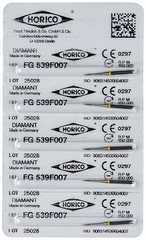 Verpackung mit Diamant FG 539F 007 Dentalbohrern, hergestellt in Deutschland