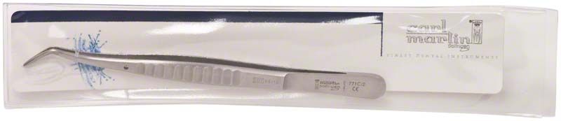 Zahnpinzette Figur 771C/2 mit geriefter Oberfläche in Verpackung.