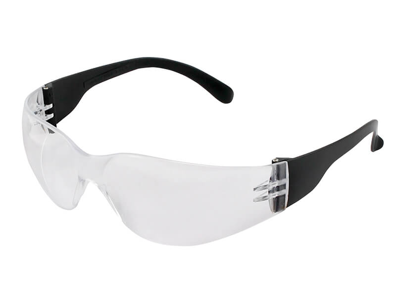 Schutz- und Freizeitbrille mit klaren Polycarbonatscheiben und schwarzem Rahmen.