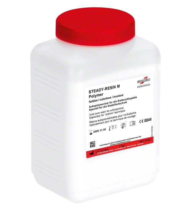 Kunststoffbehälter mit rotem Deckel und Aufschrift "STEADY-RESIN M Polymer".