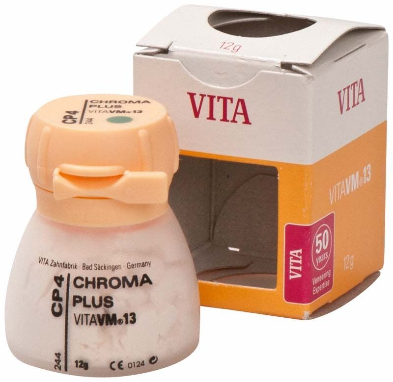 VITA VM13 Chroma Plus CP4 Verblendkeramik mit Verpackung im Hintergrund.