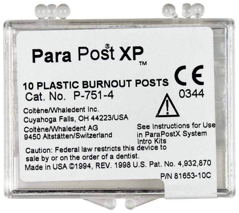 ParaPost® XP™ Ausbrennstifte 10er Packung mit Produktinformationen auf Etikett.