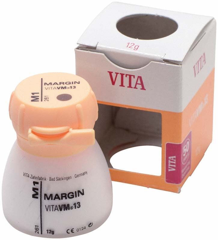 M1 Margin VM13 Zahnkeramikpulver in Kunststoffdose mit Verpackung.