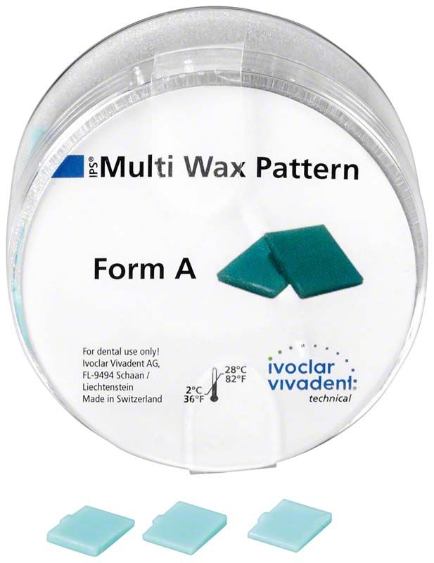 Runde Verpackung mit "IPS Multi Wax Pattern Form A" und drei grünen Wachsstücken.