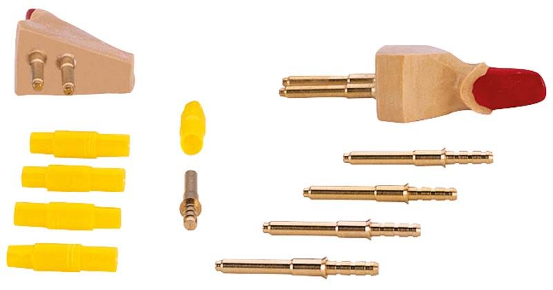 Stufenpins mit Kunststoffhülse und verschiedenen Metallkomponenten des Heraeus Kulzer Pin-Systems.