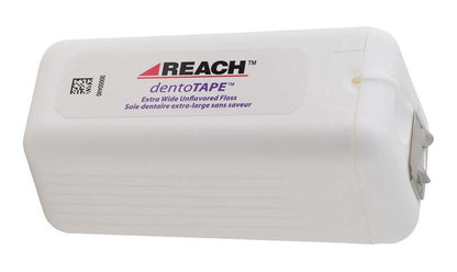 Dentotape Zahnseide Spender in weiß mit Reach-Logo und 100 m Angabe.