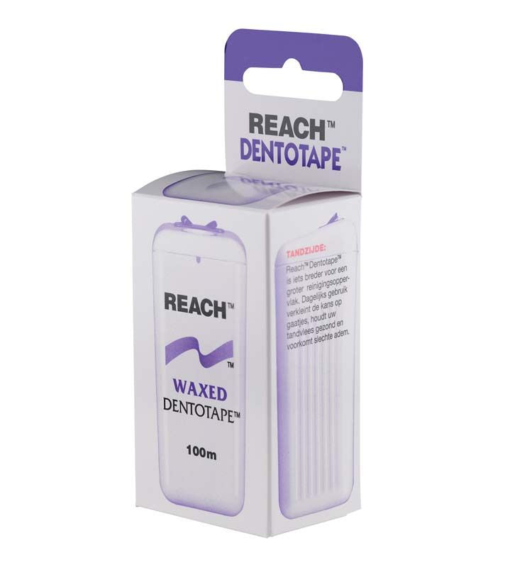 Dentotape Zahnseide 100 m in weißer Verpackung mit Reach-Logo.