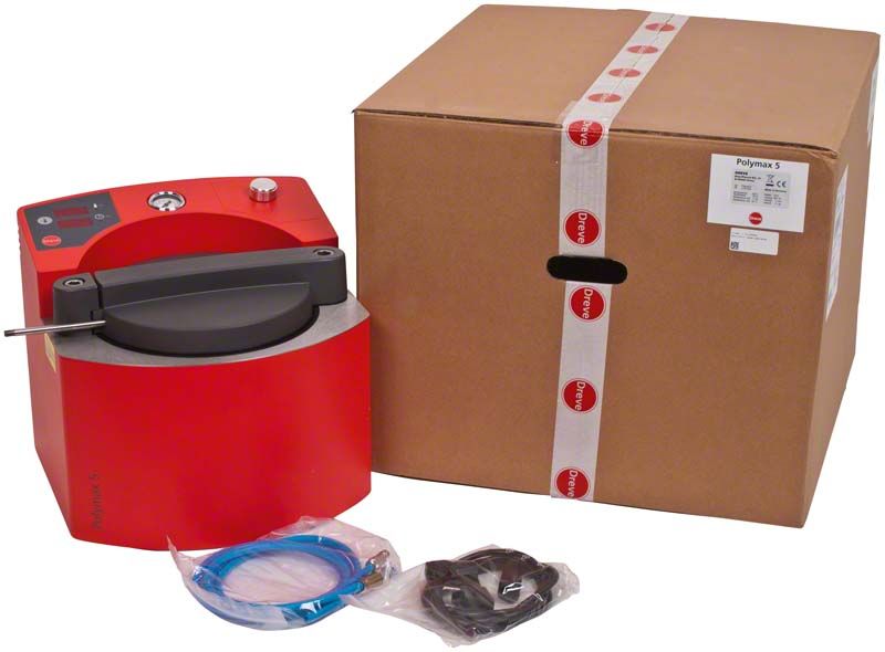 Rotes Druckpolymerisationsgerät Polymax 5 mit Zubehör und Verpackung.