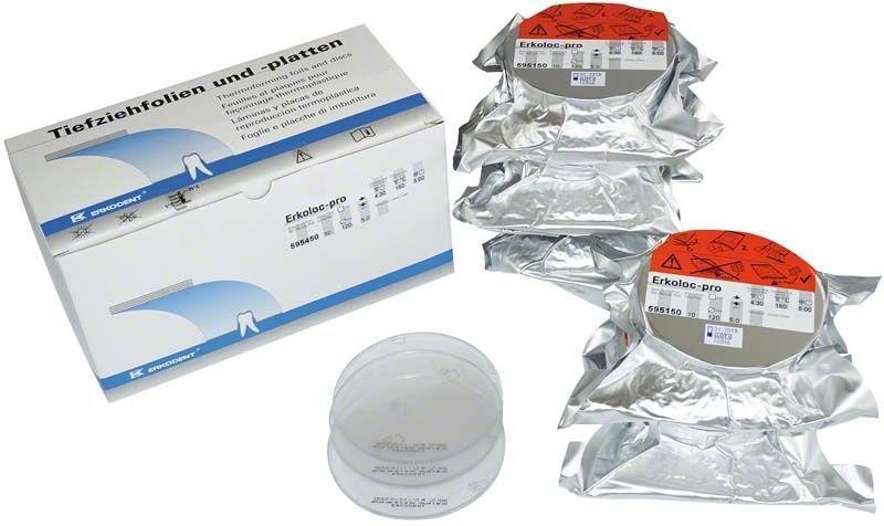 Erkoloc-pro transparente Doppelschicht-Folie für dentalen Einsatz, Verpackung und Folien sichtbar.