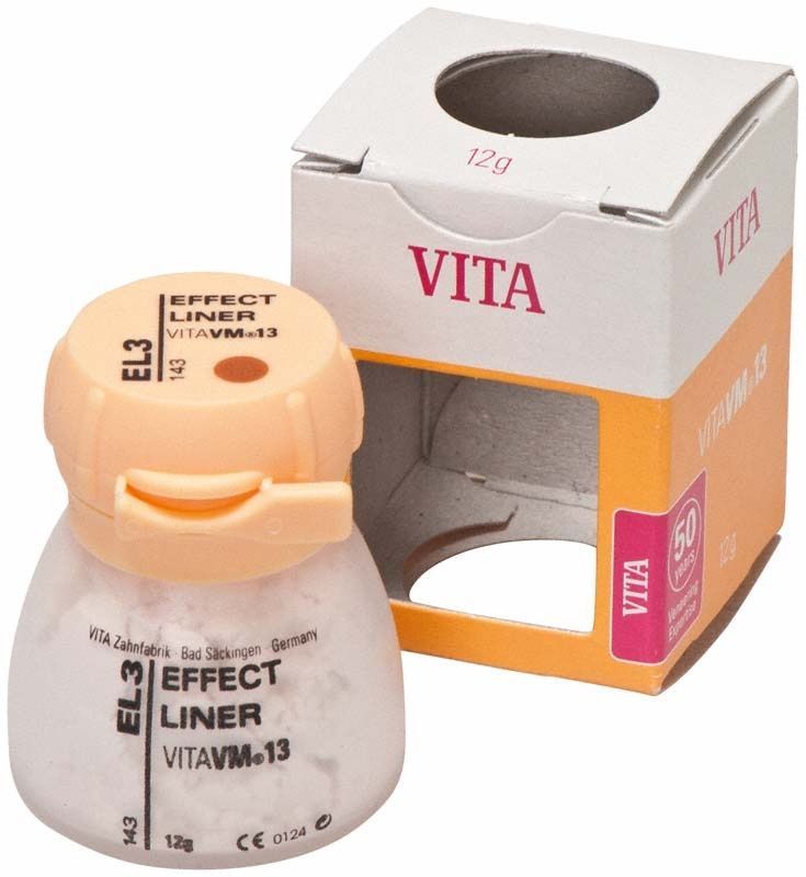VITA VM13 Effect Liner EL3 im Behälter mit Verpackung im Hintergrund.