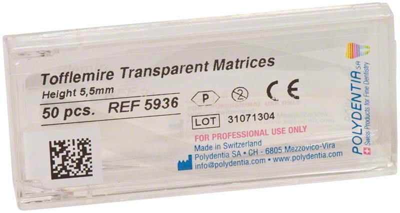 Tofflemire Matrizen 5,5mm 50 Stück in transparenter Verpackung.