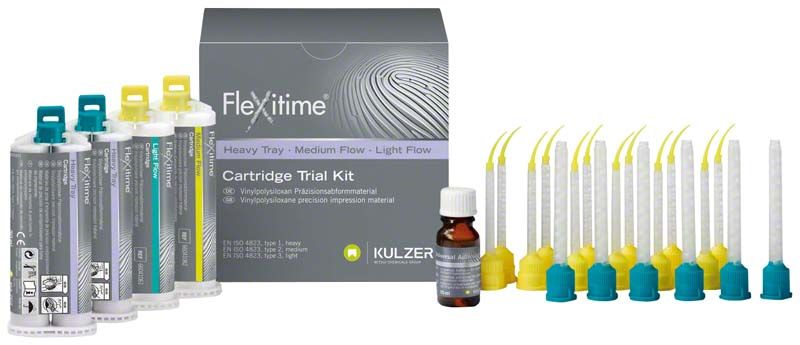 Flexitime Trial Kit mit Kartuschen und Mischkanülen für Abformmaterial.