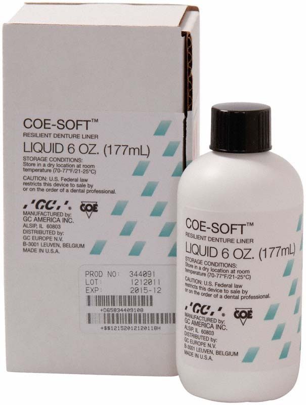 Coe-Soft™ Flüssigkeit, 177 ml Flasche neben Verpackung.