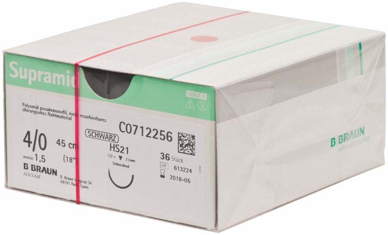 Supramid® 4/0 HS21 Nahtmaterial in Originalverpackung von B. Braun.
