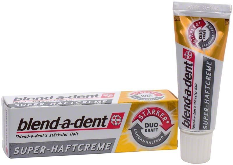 Blend-a-dent Haftcreme Plus Duo Kraft mit Verpackung und Tube.
