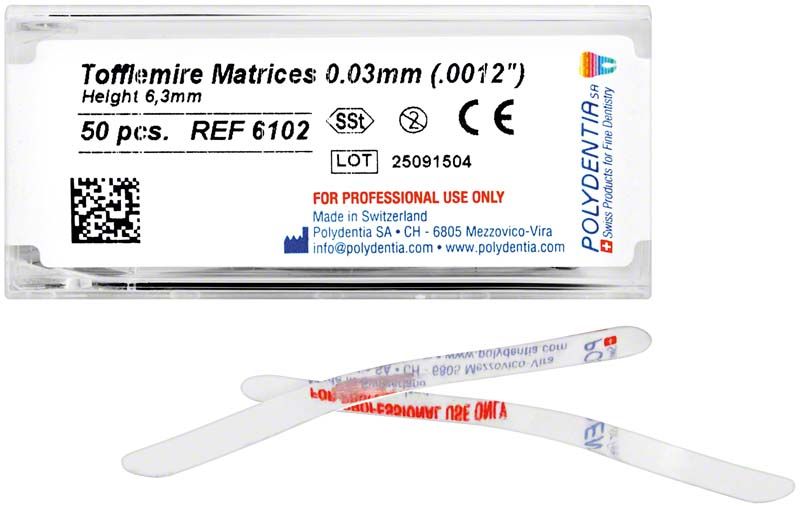 Tofflemire Matrizen 6,3mm, 50 Stück, in transparenter Verpackung.