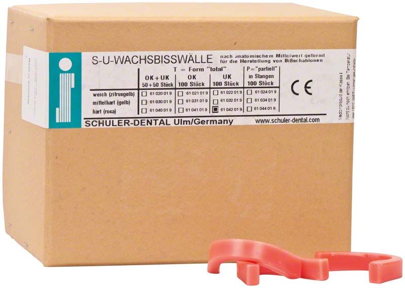 Verpackung der S-U-Wachsbisswälle T Hart rosa mit Produktinformationen.