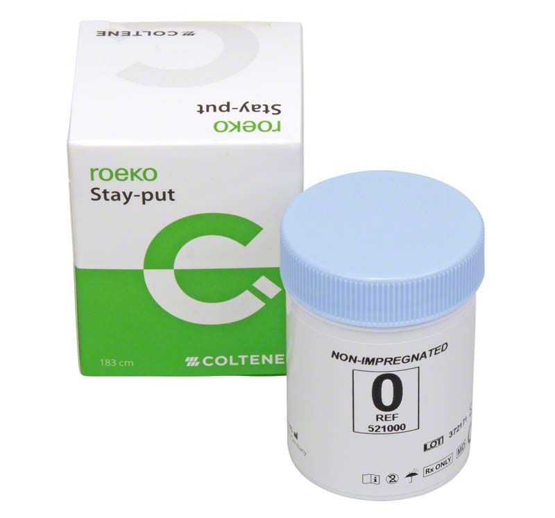 Verpackung und Dose von Roeko Stay-put Retraktionsfäden, Größe 0, ungetränkt.