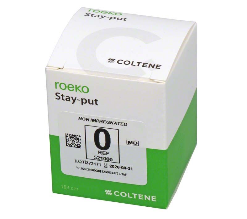 Verpackung der Roeko Stay-put Retraktionsfäden, Größe 0, ungetränkt.
