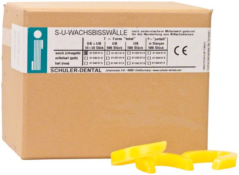 S-U-Wachsbisswälle T Mittel gelb-orange, Verpackung mit Produktproben.