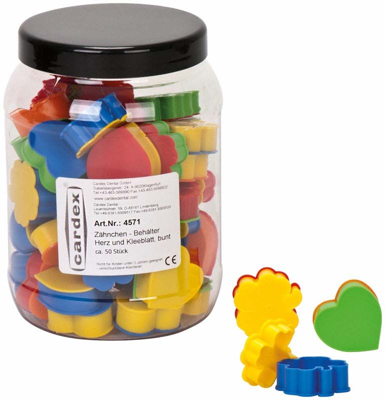 Zahnbehälter in Herz- und Kleeblattform, bunt in Plastikdose.