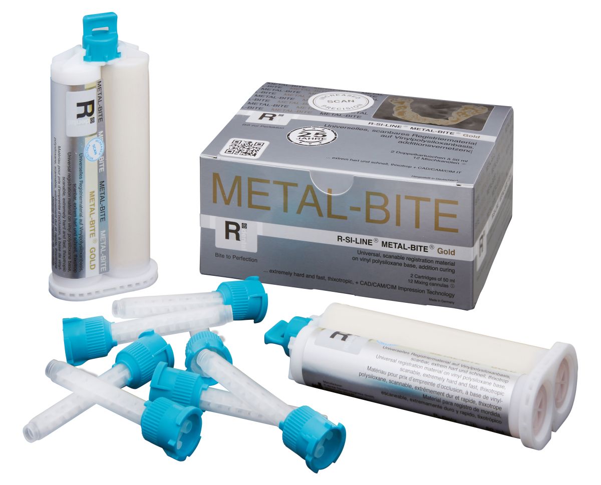 R-SI-LINE METAL-BITE GOLD Registriermaterial mit Kartuschen und Mischkanülen.