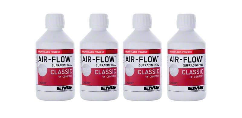 Vier Flaschen AIRFLOW® Pulver CLASSIC Cherry für supragingivale Behandlungen.