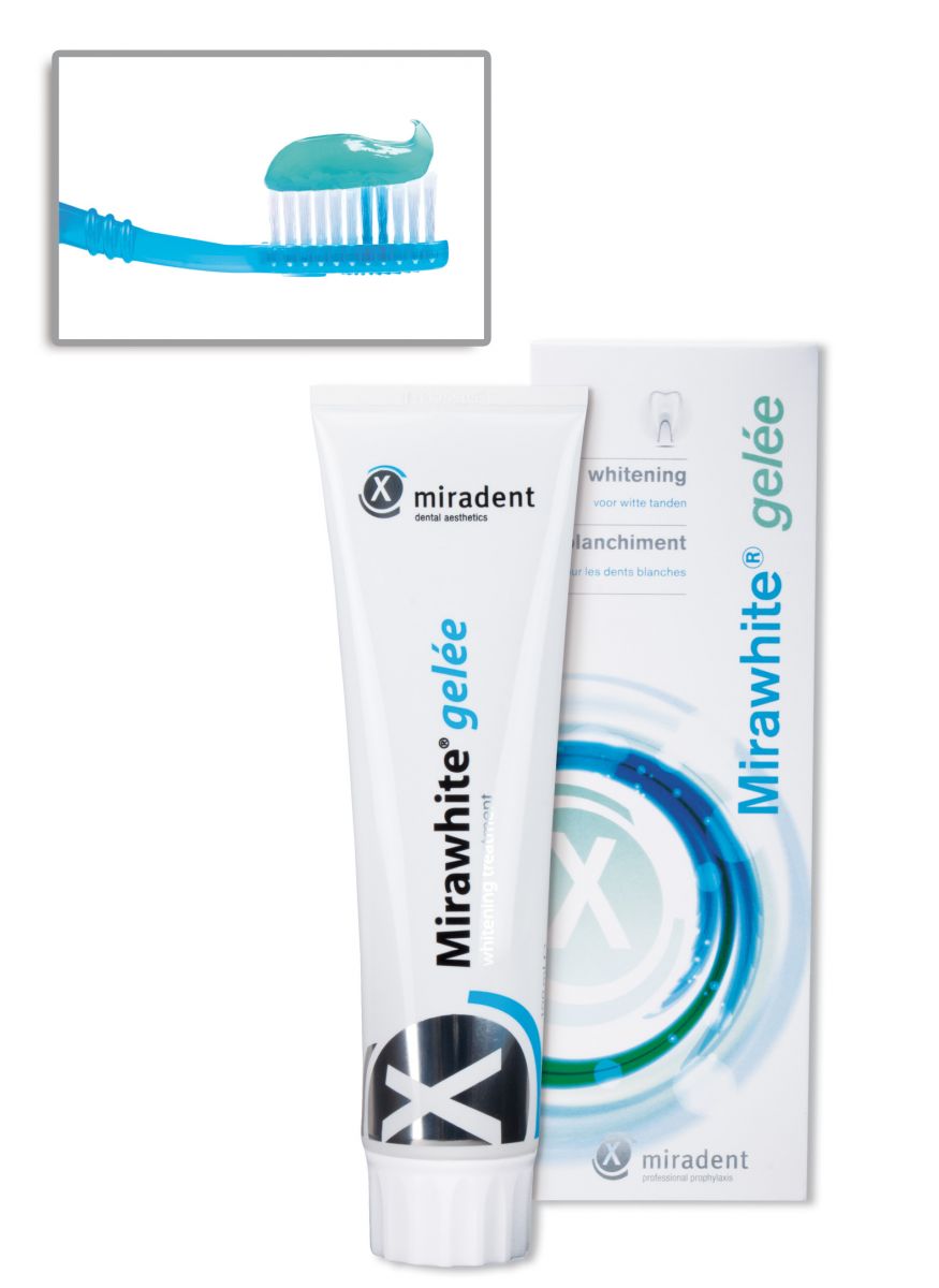 Mirawhite® gelée Tube 100ml mit Verpackung und Zahnbürste.