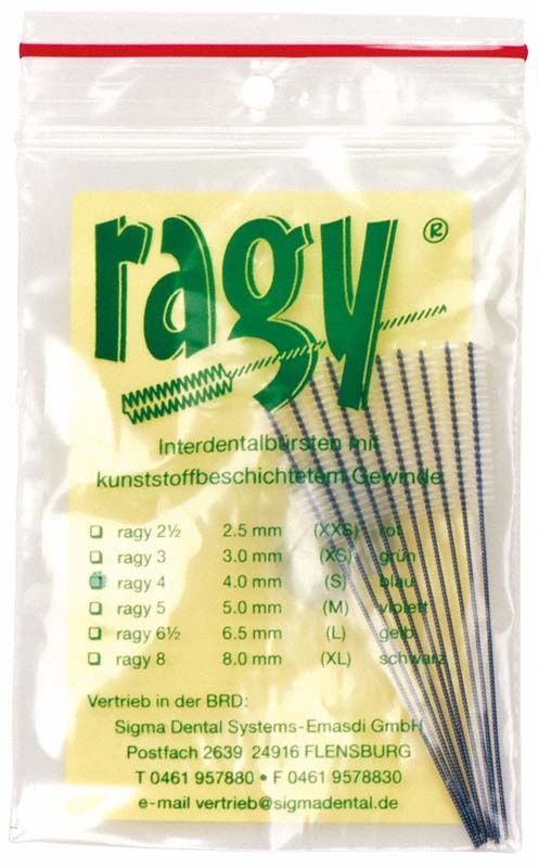 Interdentalreiniger Ragy blau 4,0 mm in Kunststoffverpackung mit Größenangaben.