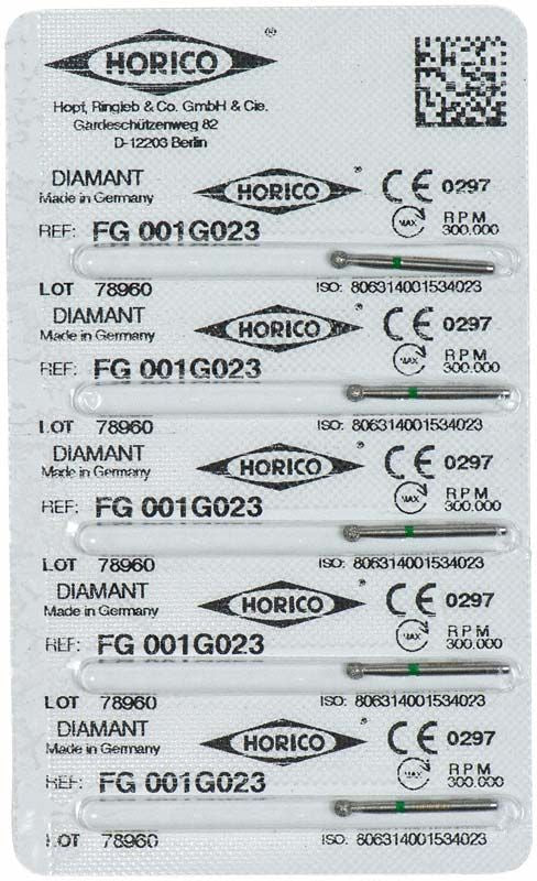 Verpackung von Diamant FG 001G 023 Bohrern mit CE-Kennzeichnung.